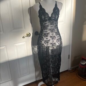 Black Lace Overlay Chemise Dress full length